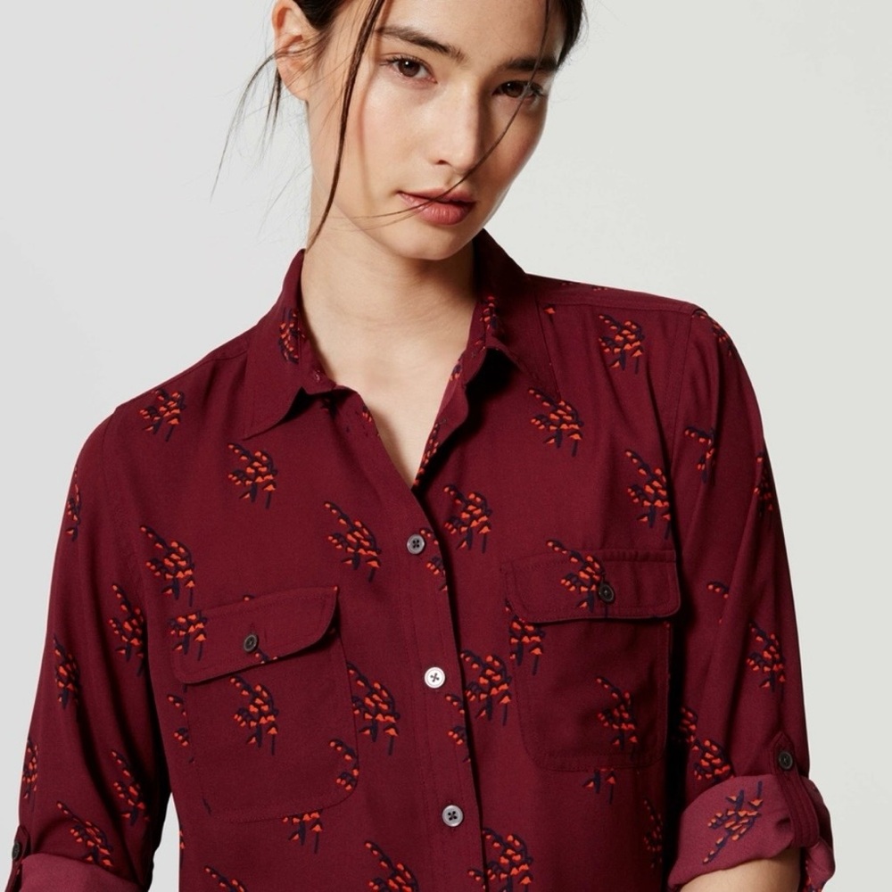 NWT LOFT Maroon & Orange Floral Button-Down Shirt - XS - Picture 2 of 8